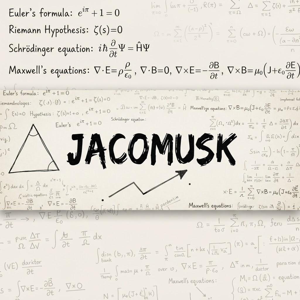 Wide JACOMUSK banner covered in handwritten mathematical formulas