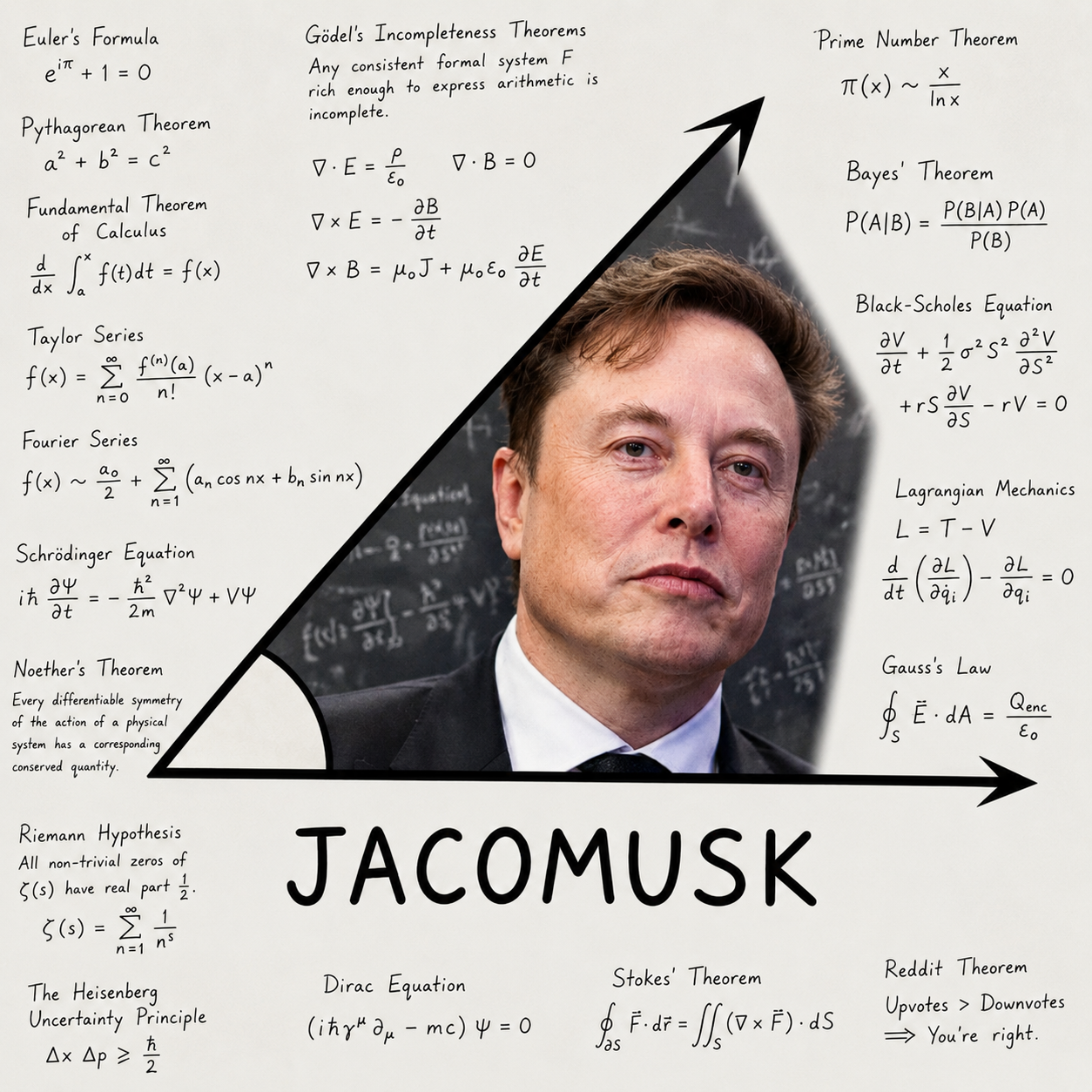 JACOMUSK: a face inside a hand-drawn triangle surrounded by famous mathematical theorems and formulas